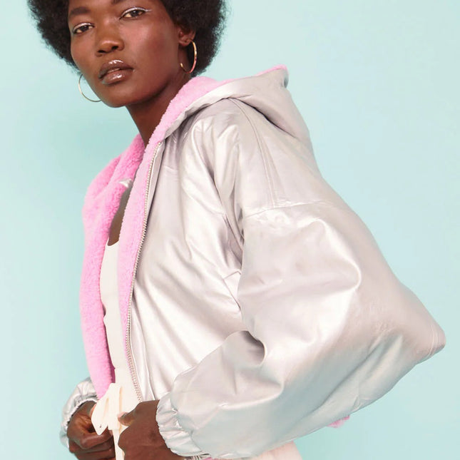 Pink - Silver Faux Shearling Reversible Hooded Jacket-2