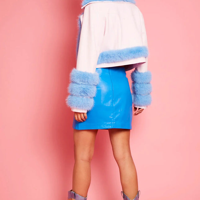 Pink Blue Faux Leather Faux Fur Biker Jacket-3