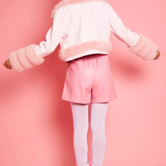 Pink Faux Leather Faux Fur Biker Jacket-3