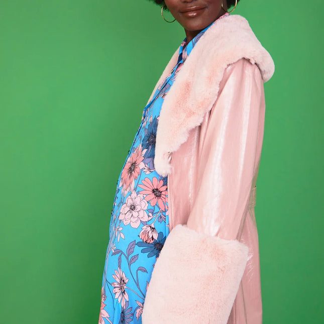 Pink Faux Leather Jacket with Detachable Faux Fur Cuffs and Collar-2