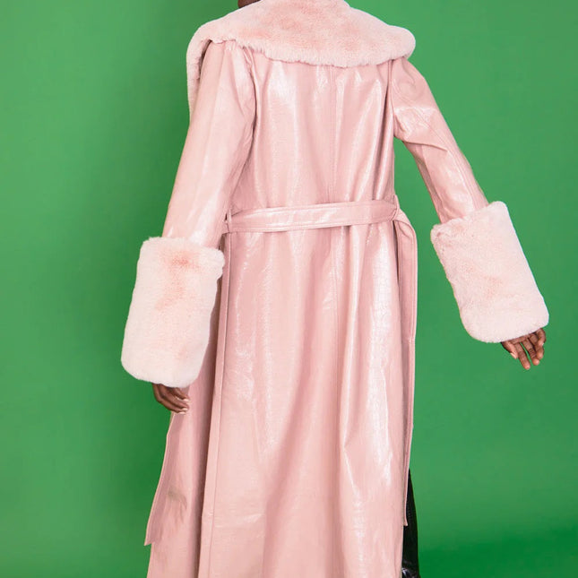 Pink Faux Leather Jacket with Detachable Faux Fur Cuffs and Collar-3