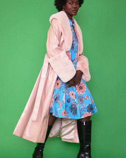 Pink Faux Leather Jacket with Detachable Faux Fur Cuffs and Collar-0