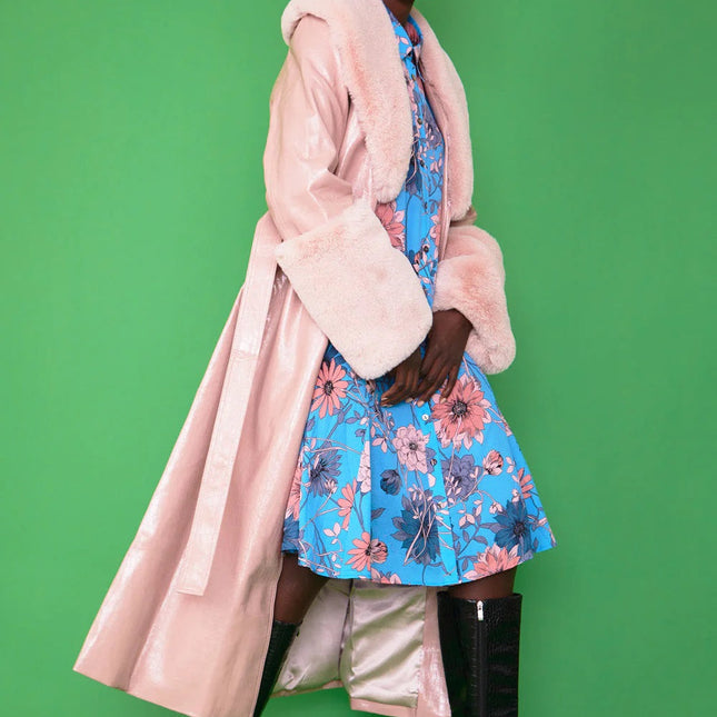 Pink Faux Leather Jacket with Detachable Faux Fur Cuffs and Collar-0