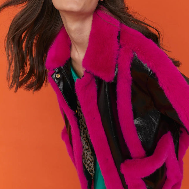Black Pink Faux Leather with Faux Fur Trim Aviator Jacket-1