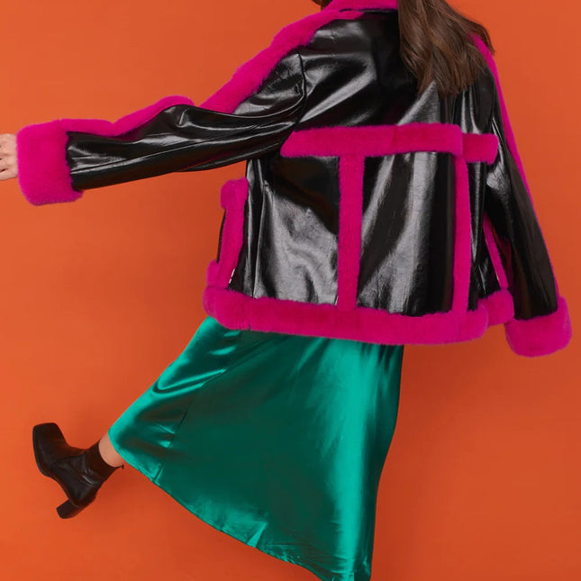 Black Pink Faux Leather with Faux Fur Trim Aviator Jacket-3
