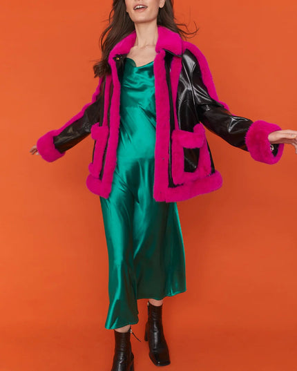 Black Pink Faux Leather with Faux Fur Trim Aviator Jacket-0