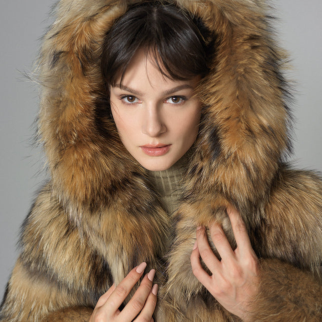 Brown Hooded Arctic Fox Raccoon Fur Jacket-2