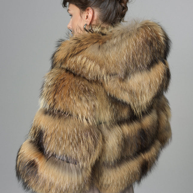 Brown Hooded Arctic Fox Raccoon Fur Jacket-1