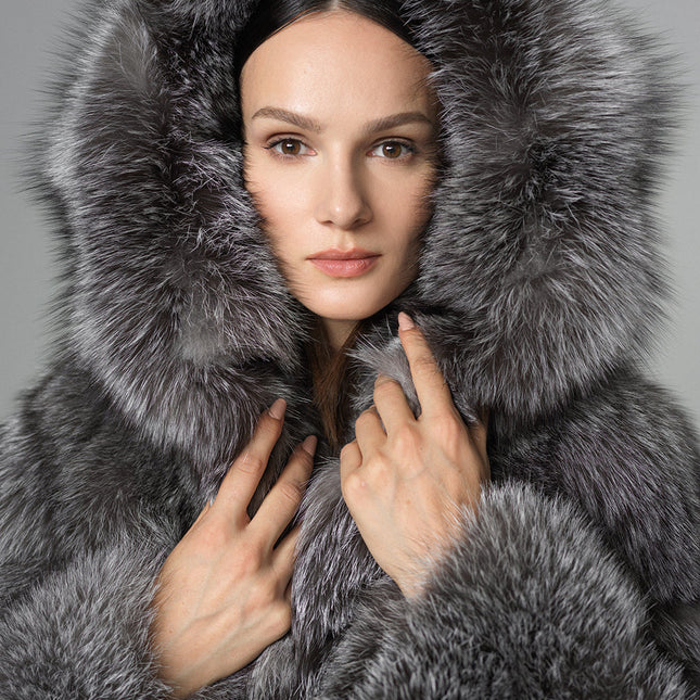 Silver Hooded Arctic Fox Raccoon Fur Jacket-2