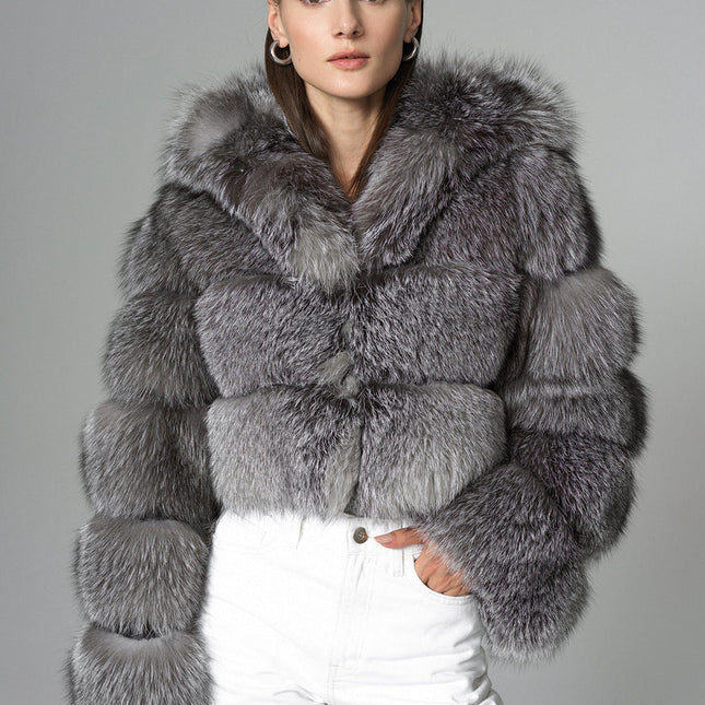 Silver Hooded Arctic Fox Raccoon Fur Jacket-3