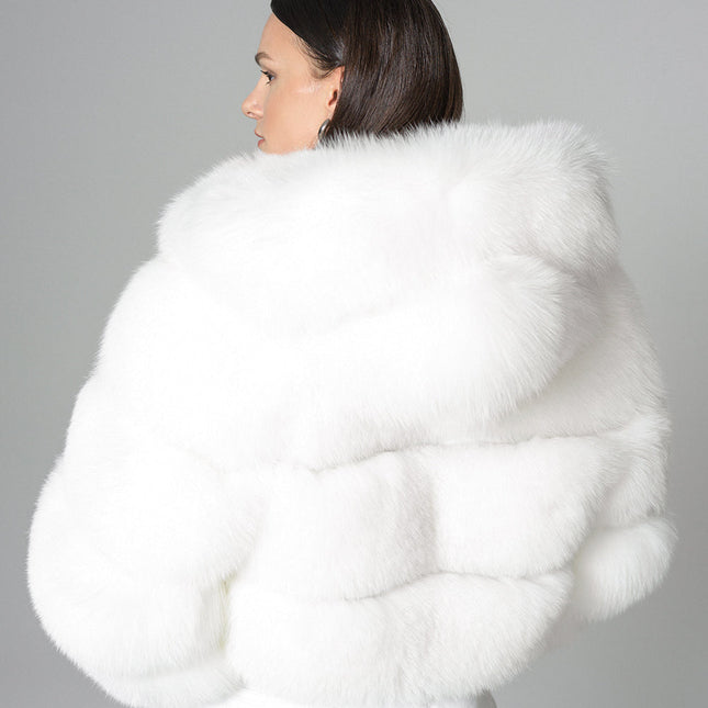 White Hooded Arctic Fox Raccoon Fur Jacket-1