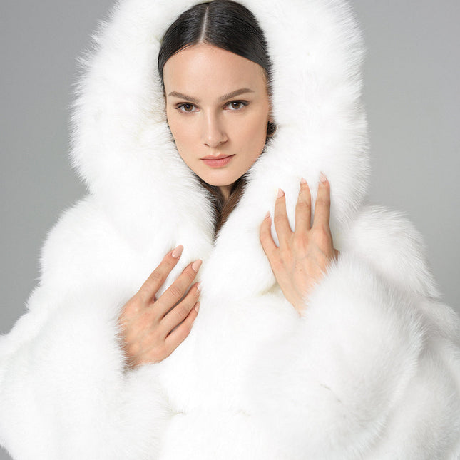 White Hooded Arctic Fox Raccoon Fur Jacket-2