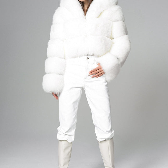 White Hooded Arctic Fox Raccoon Fur Jacket-3