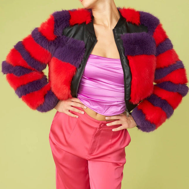 Red - Purple Faux Fur Stripe Bomber Jacket-1