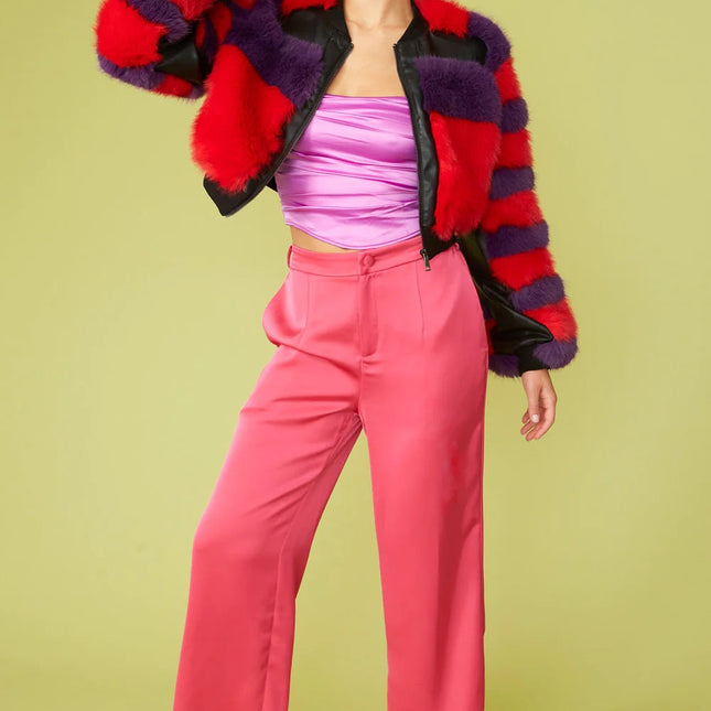 Red - Purple Faux Fur Stripe Bomber Jacket-2
