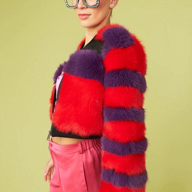 Red - Purple Faux Fur Stripe Bomber Jacket-3