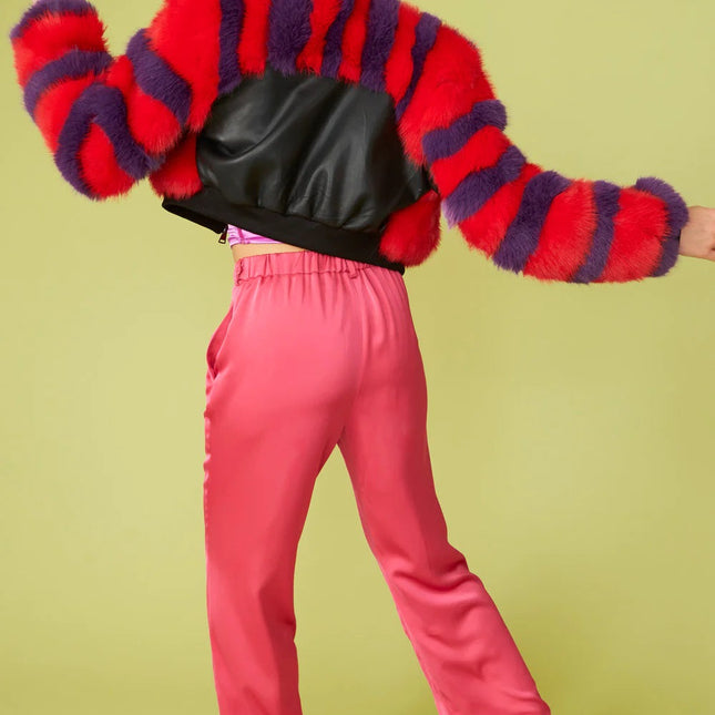 Red - Purple Faux Fur Stripe Bomber Jacket-4