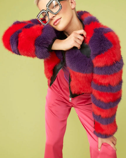 Red - Purple Faux Fur Stripe Bomber Jacket-0