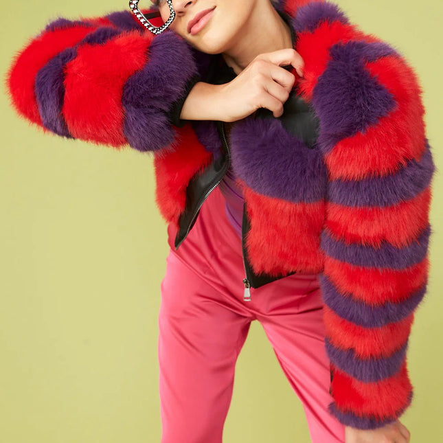 Red - Purple Faux Fur Stripe Bomber Jacket-0