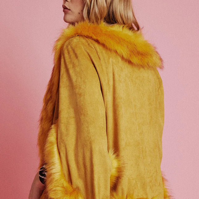 Yellow Faux Fur Suede Cape Jacket-1