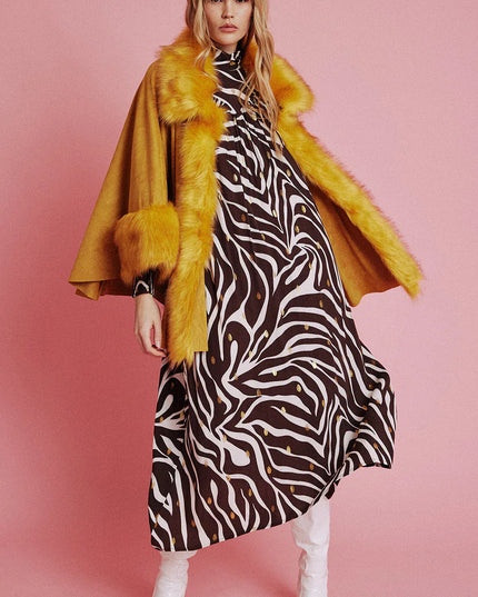 Yellow Faux Fur Suede Cape Jacket-4