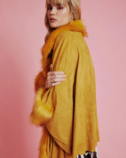 Yellow Faux Fur Suede Cape Jacket-2