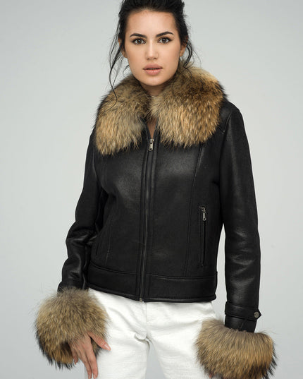 Black Sheepskin Jacket with Raccoon Fur Collar and Cuffs-0