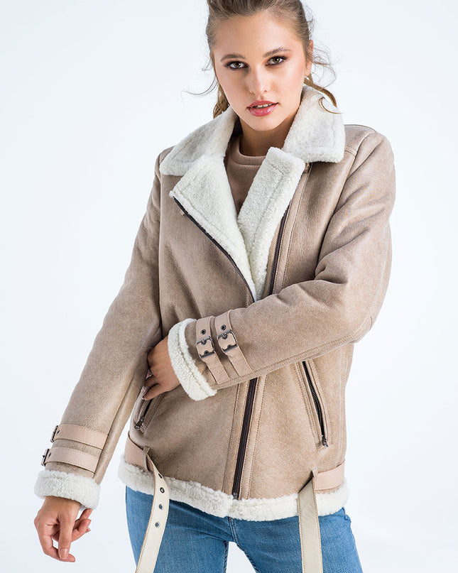 Beige Biker Bomber Sheepskin Jacket with Cream Shearling Fur-0