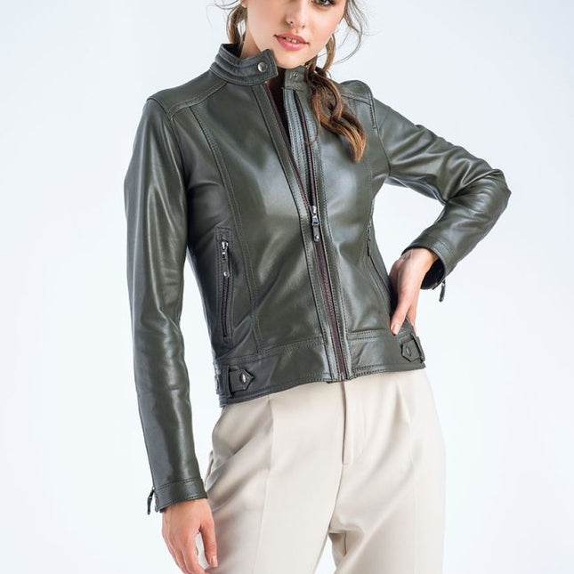 Olive Genuine Cropped Leather Jacket-3