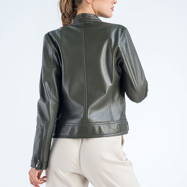 Olive Genuine Cropped Leather Jacket-1