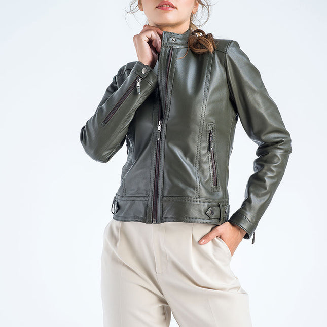 Olive Genuine Cropped Leather Jacket-0