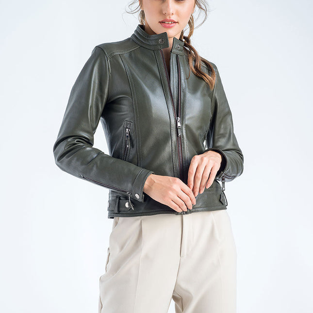 Olive Genuine Cropped Leather Jacket-2