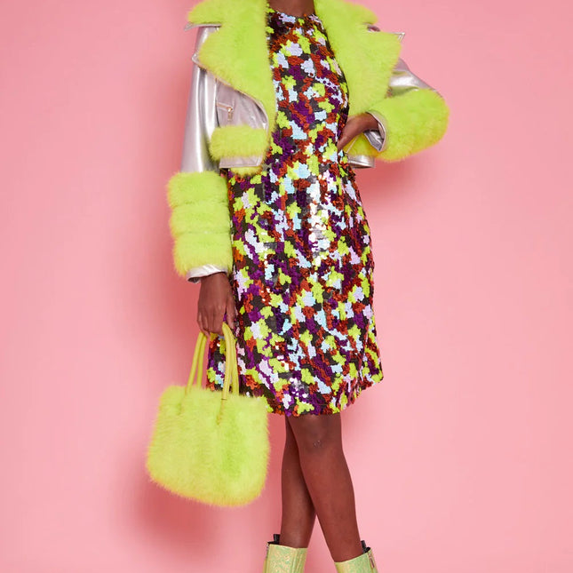 Silver Yellow Faux Leather Faux Fur Biker Jacket-0