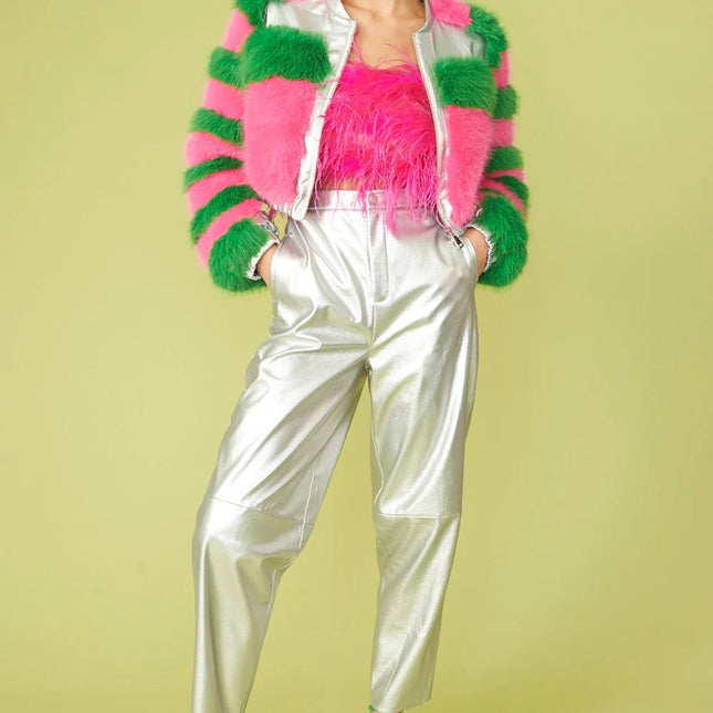 Striped Pink Faux Fur Cropped Bomber Jacket-3