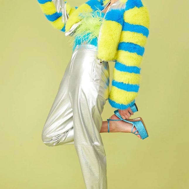 Striped Yellow Faux Fur Cropped Bomber Jacket-1