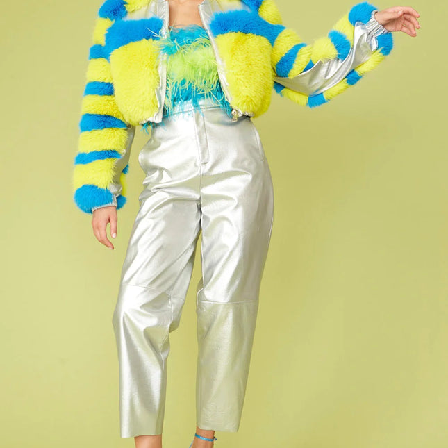 Striped Yellow Faux Fur Cropped Bomber Jacket-2