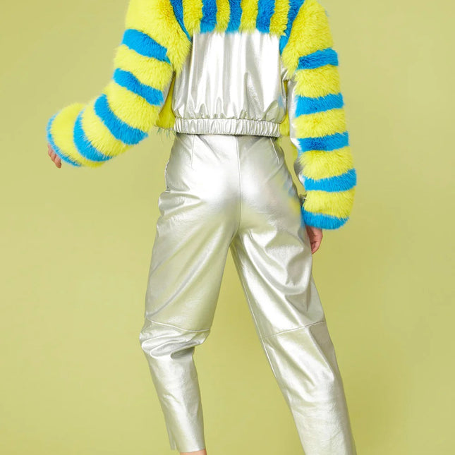Striped Yellow Faux Fur Cropped Bomber Jacket-3