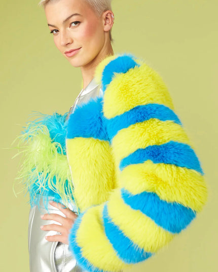 Striped Yellow Faux Fur Cropped Bomber Jacket-0