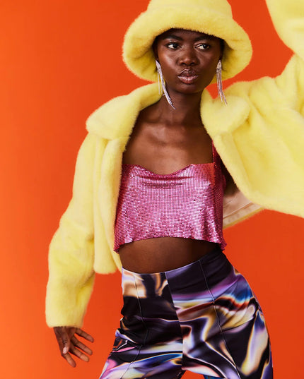 Yellow Faux Fur Bucket Hat-0