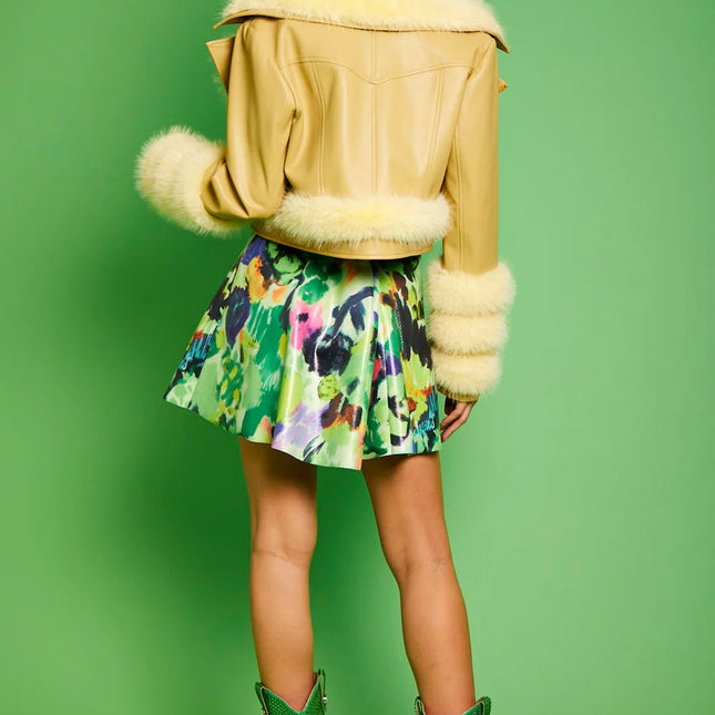 Yellow Faux Leather Faux Fur Biker Jacket-3