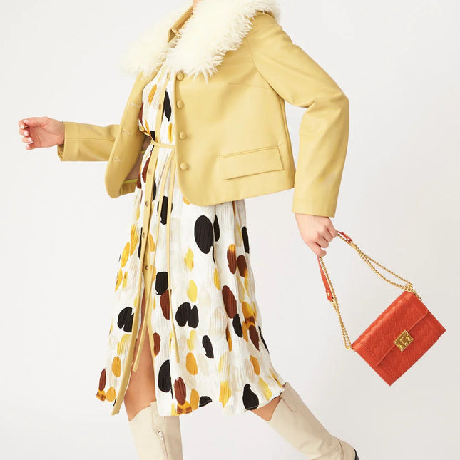 Yellow Faux Leather Jacket With Faux Shearling Collar-1
