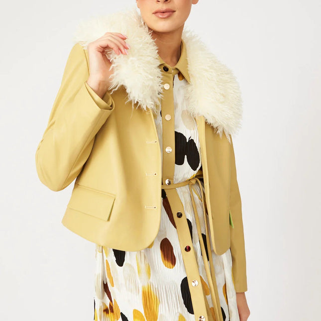 Yellow Faux Leather Jacket With Faux Shearling Collar-0