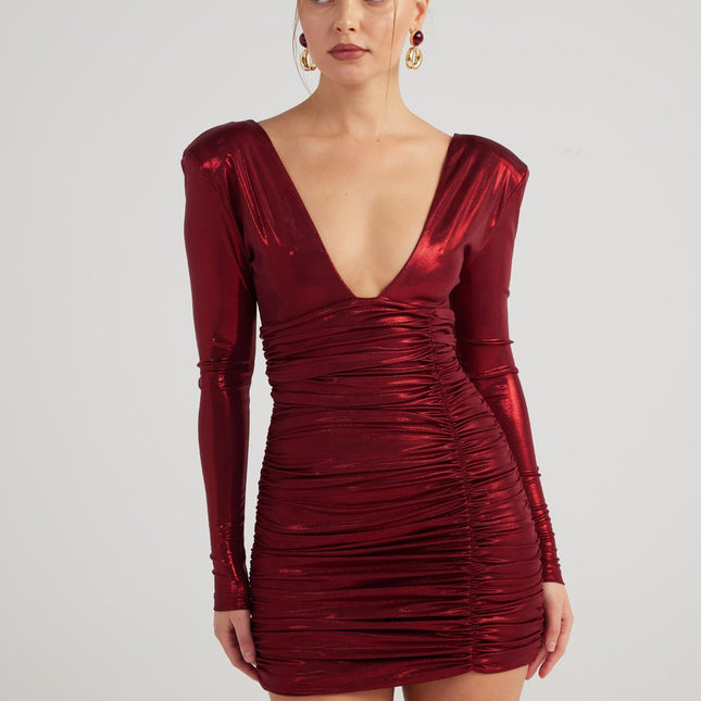 Karly Burgundy Shiny Mini Dress-2