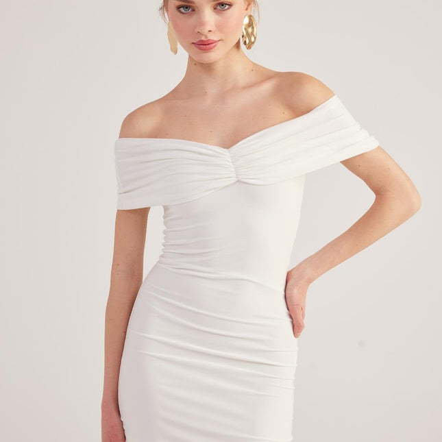 Muse White Bardot Neck Mini Dress-0