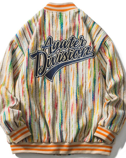 Baseball Jacket Men Colorful Knitted Striped Letter Embroidery Streetwear Men Loose Hip Hop Hipster Bomber Coats Autumn-1