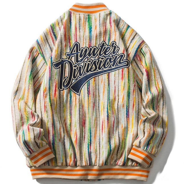 Baseball Jacket Men Colorful Knitted Striped Letter Embroidery Streetwear Men Loose Hip Hop Hipster Bomber Coats Autumn-1
