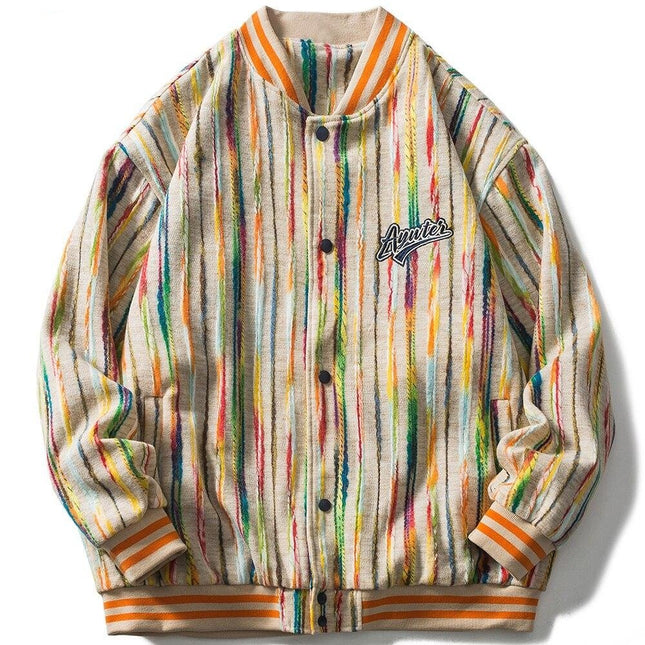 Baseball Jacket Men Colorful Knitted Striped Letter Embroidery Streetwear Men Loose Hip Hop Hipster Bomber Coats Autumn-0