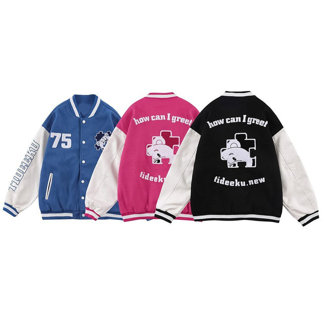 Baseball Jacket Men Furry Bear Patchwork Embroidery Letter Track Coats College Style Casual Outwears Couple Streetwear-4