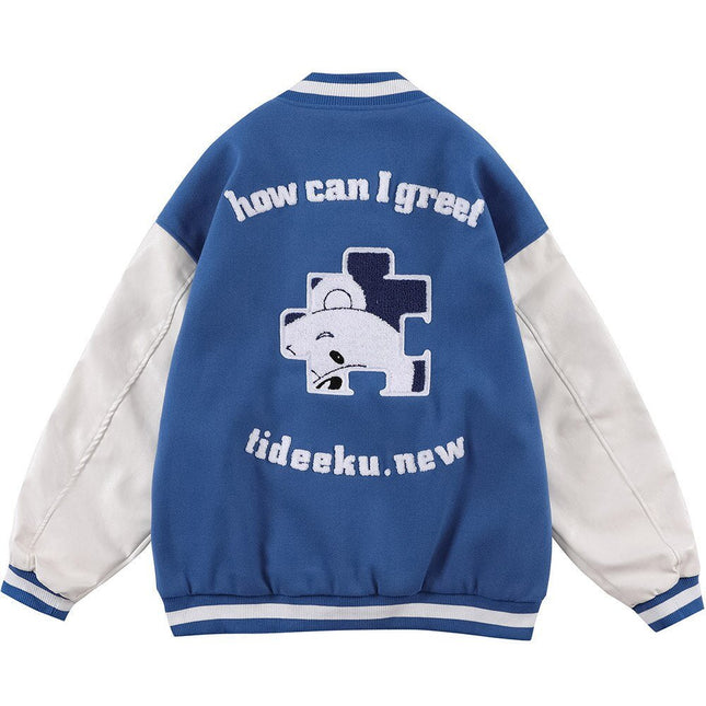 Baseball Jacket Men Furry Bear Patchwork Embroidery Letter Track Coats College Style Casual Outwears Couple Streetwear-1
