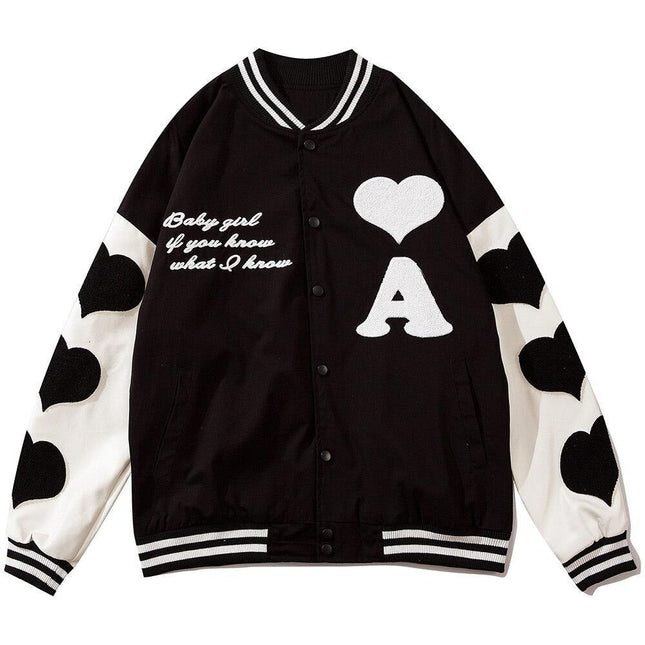Baseball Jacket Men Leather Patchwork Furry Heart Patch Baggy Harajuku High Street Fashion All-match Bomber Coat Autumn-0